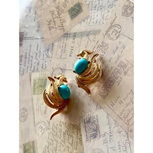 Signed Gold Tone Clip Earrings with Turquoise Cabochon – Elegant Retro Style